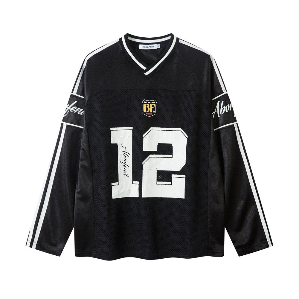 Women's Long Sleeve Varsity Jersey Top with V-Neck and Contrast Stripes - 7