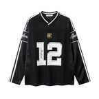 Women's Long Sleeve Varsity Jersey Top with V-Neck and Contrast Stripes - 7