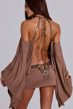 Women's Mini Dress Open Back with Flowing Sleeves and Chain Detail - 2