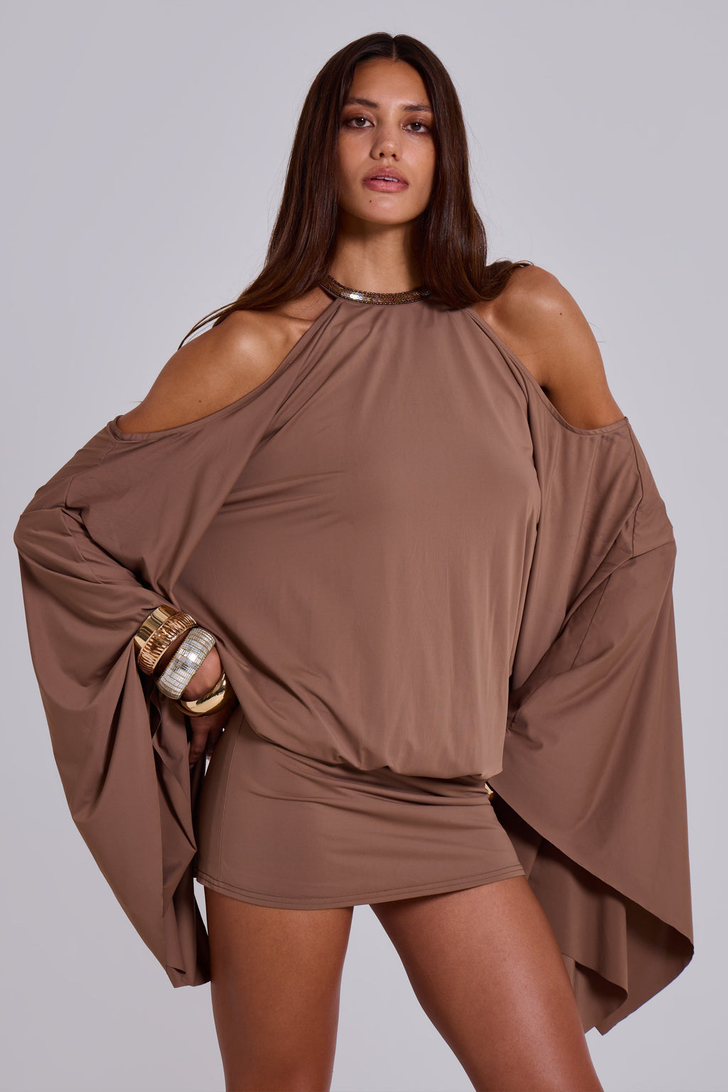 Women's Mini Dress Open Back with Flowing Sleeves and Chain Detail - 9