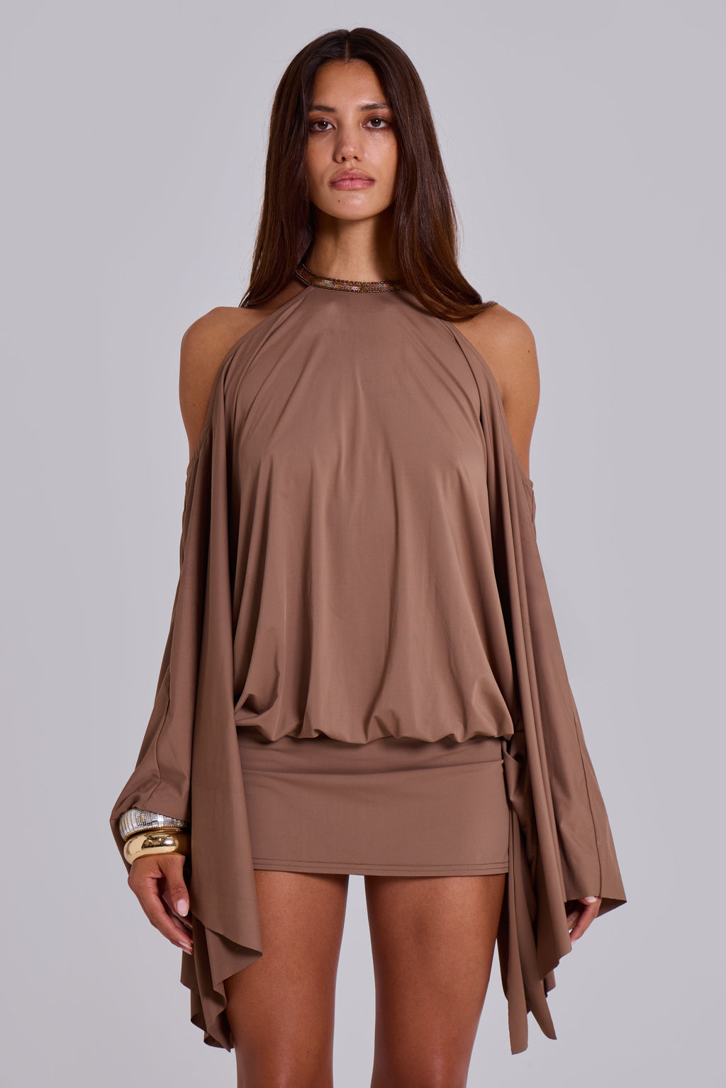 Women's Mini Dress Open Back with Flowing Sleeves and Chain Detail - 7