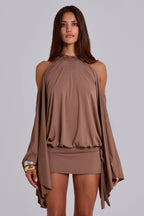 Women's Mini Dress Open Back with Flowing Sleeves and Chain Detail - 7
