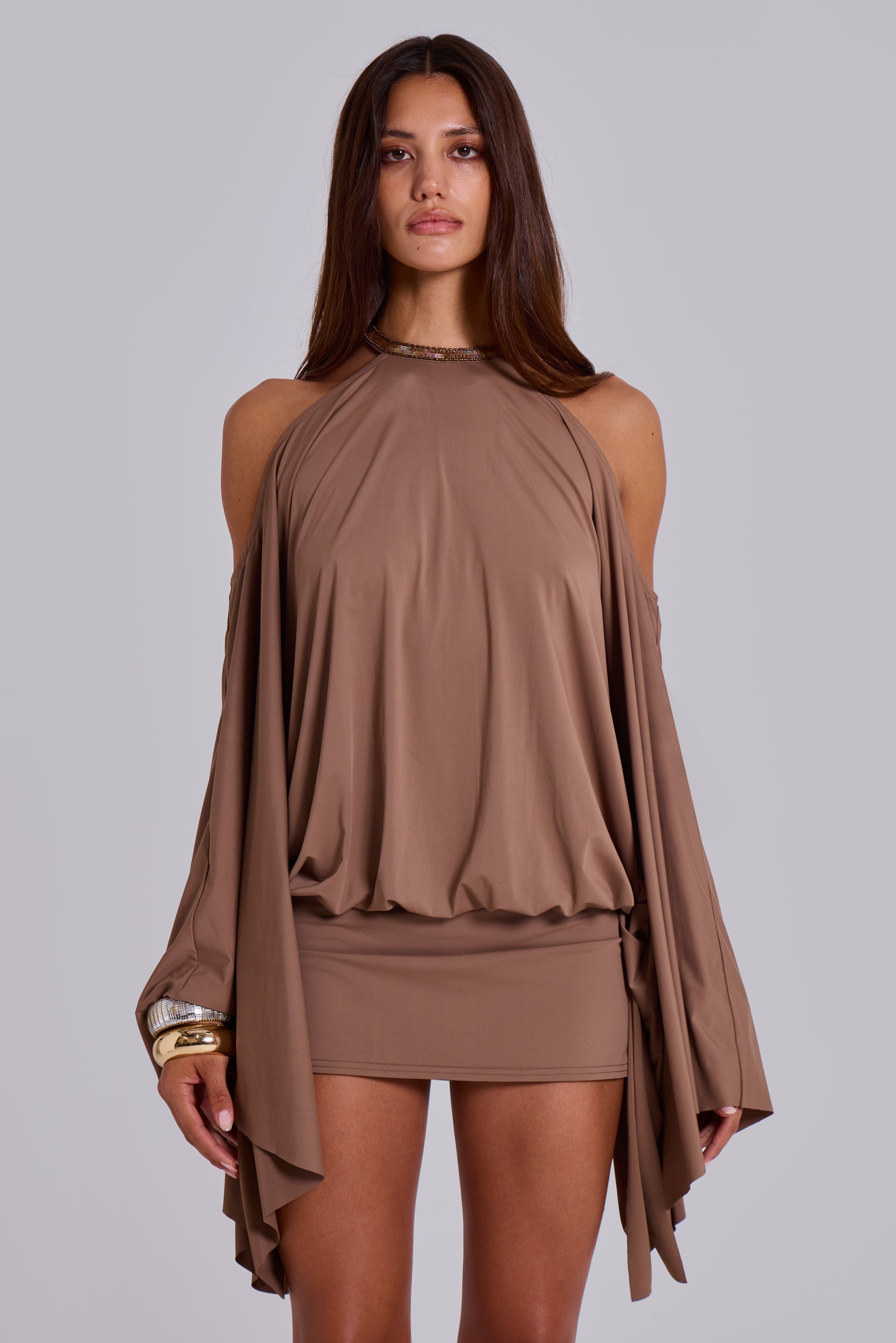 Women's Mini Dress Open Back with Flowing Sleeves and Chain Detail - 7