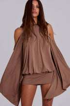 Women's Mini Dress Open Back with Flowing Sleeves and Chain Detail - 3