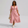 Women's Midi Dress Button-Front V-Neck with Tie-Sleeves - Pink