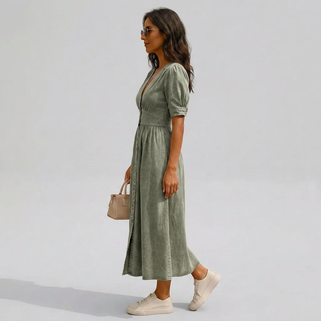 Women's Midi Dress Button-Front V-Neck with Tie-Sleeves - 2