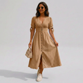 Women's Midi Dress Button-Front V-Neck with Tie-Sleeves - Brown