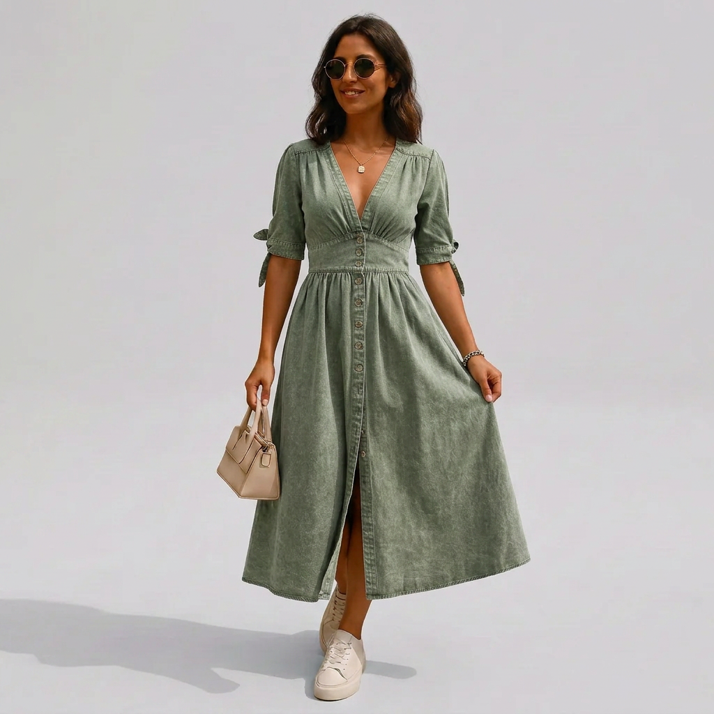 Women's Midi Dress Button-Front V-Neck with Tie-Sleeves - Green
