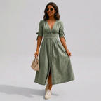 Women's Midi Dress Button-Front V-Neck with Tie-Sleeves - Green