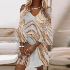 Women's Mini Dress with Flared Sleeves and V-Neck - Khaki
