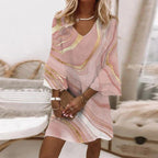 Women's Mini Dress with Flared Sleeves and V-Neck - Light Pink