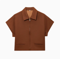 Women's Cropped Jacket with Zip and Lapel Collar - Brown