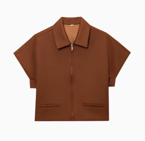 Women's Cropped Jacket with Zip and Lapel Collar - Brown