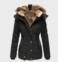 Women's Padded Winter Coat with Faux Fur Trim Hood and Slim Fit - Black