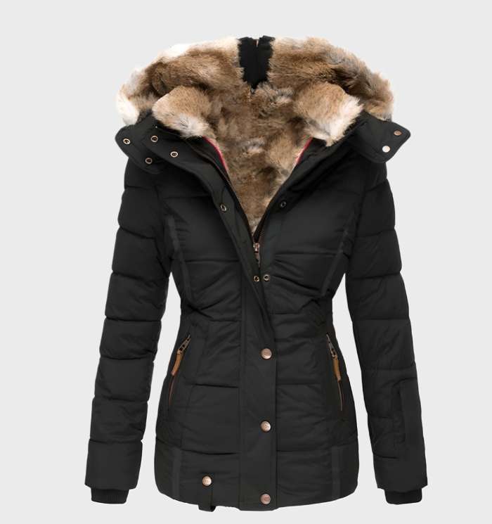 Women's Padded Winter Coat with Faux Fur Trim Hood and Slim Fit - Black