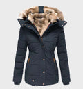 Women's Padded Winter Coat with Faux Fur Trim Hood and Slim Fit - Blue