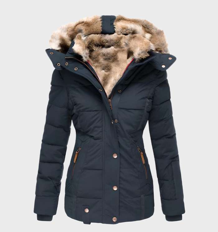 Women's Padded Winter Coat with Faux Fur Trim Hood and Slim Fit - Blue
