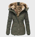 Women's Padded Winter Coat with Faux Fur Trim Hood and Slim Fit - Green