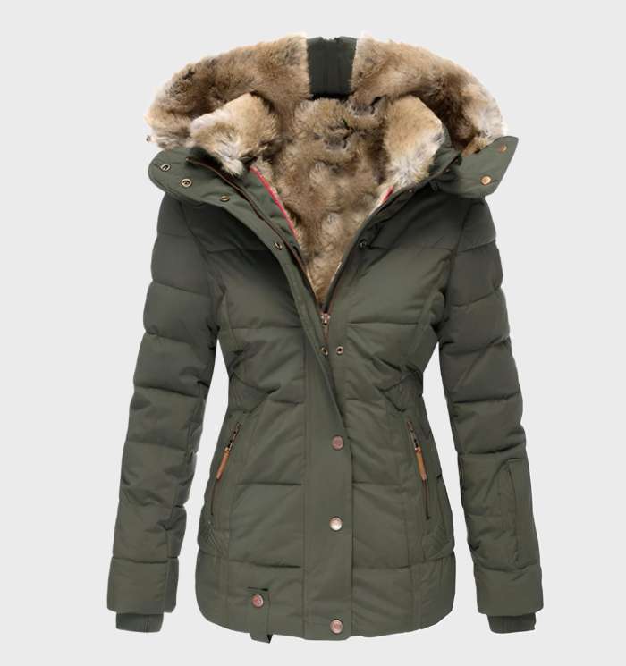 Women's Padded Winter Coat with Faux Fur Trim Hood and Slim Fit - Green