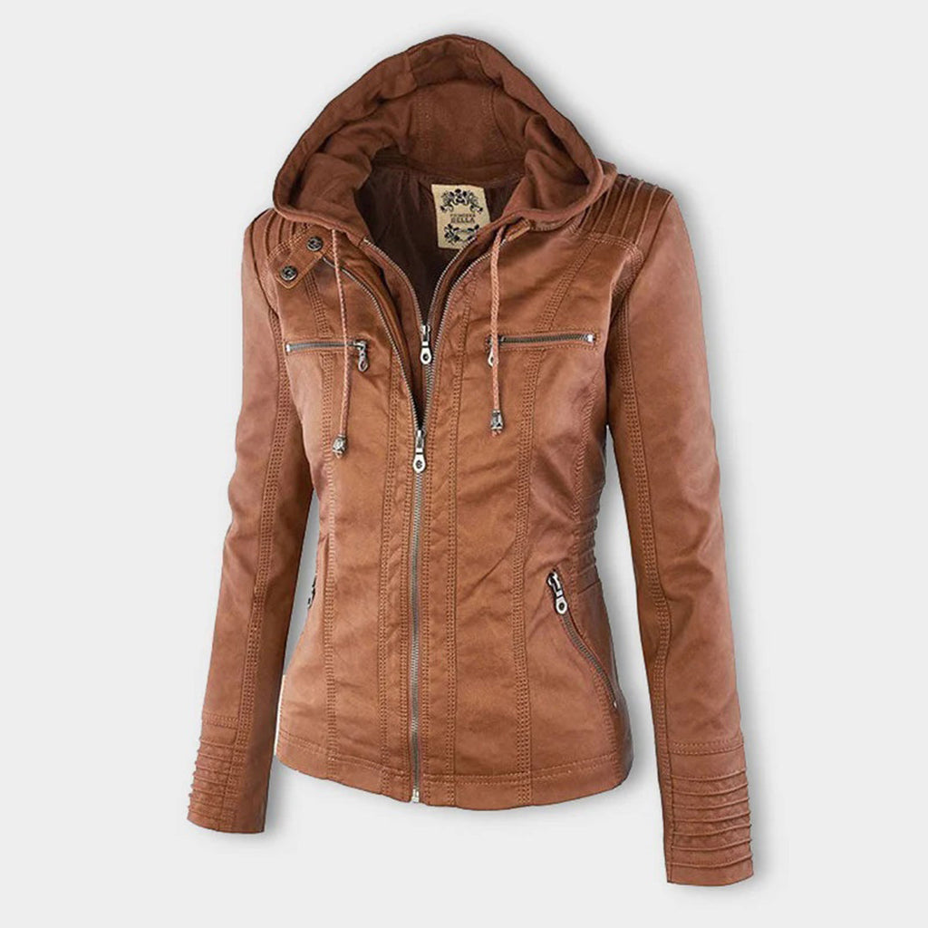 Women's Hooded Zip-Up Jacket with Faux Leather Finish - 2