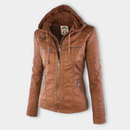 Women's Hooded Zip-Up Jacket with Faux Leather Finish - 2