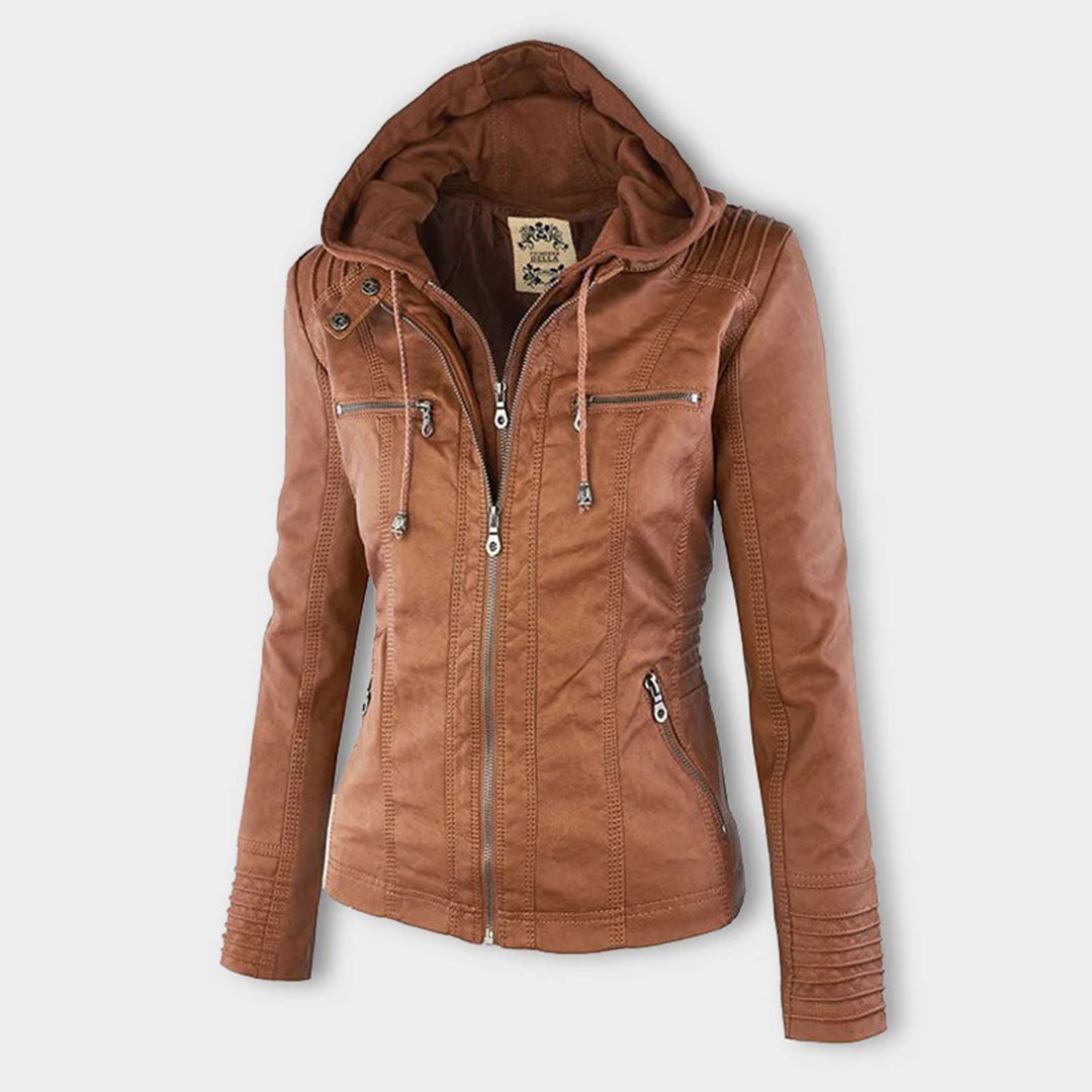 Women's Hooded Zip-Up Jacket with Faux Leather Finish - 2