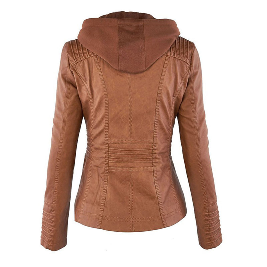 Women's Hooded Zip-Up Jacket with Faux Leather Finish - 3