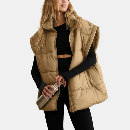 Women's Puffer Gilet Oversized Quilted Sleeveless Stand Collar with Pockets - Khaki