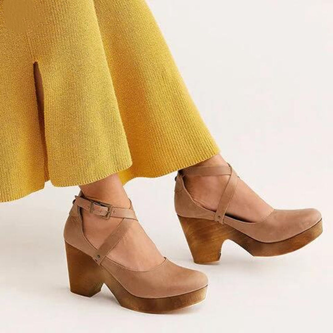 Women's Closed-Toe Wedge Heels with Crossover Ankle Strap - Khaki