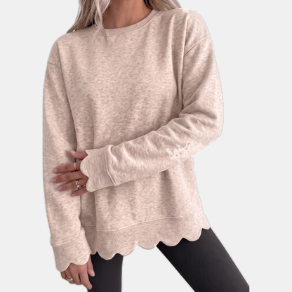 Women's Scallop Hem Crewneck Oversized Sweatshirt - Khaki