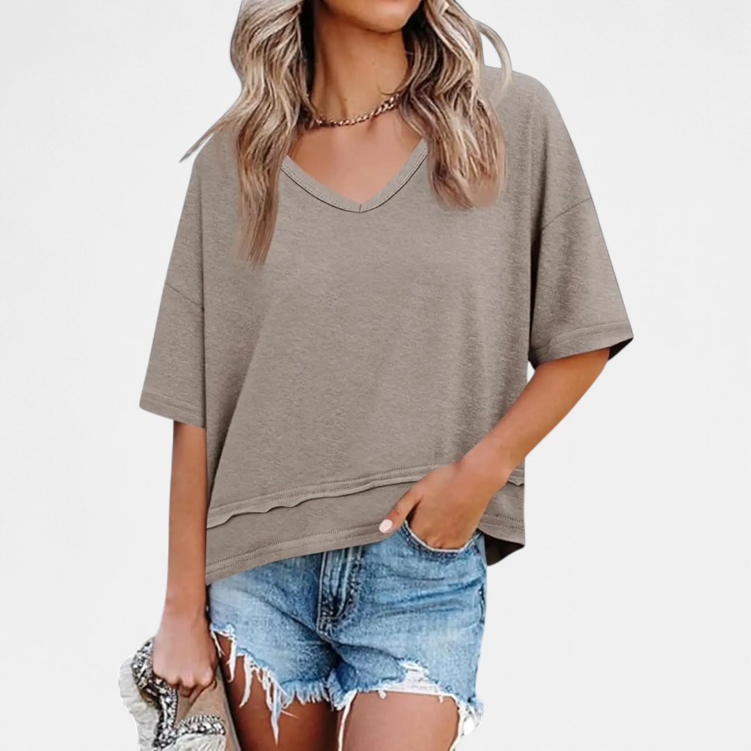 Women's Relaxed V-Neck Casual Tee - Khaki