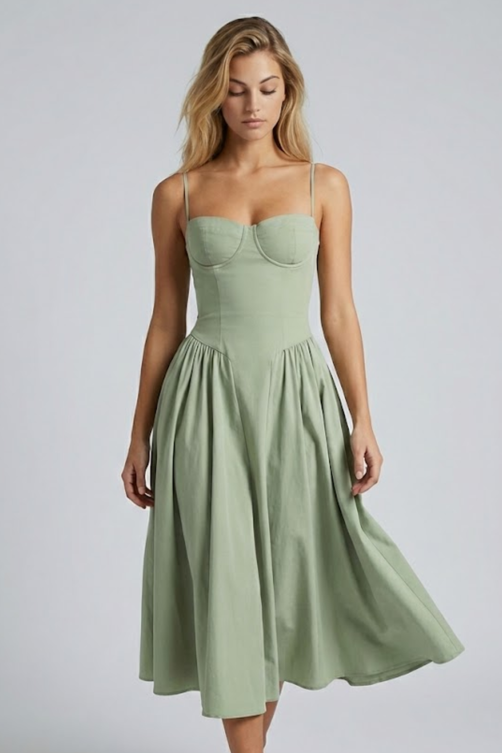 Women's Midi Dress Sleeveless with Sweetheart Neckline and A-Line Skirt - Light Green
