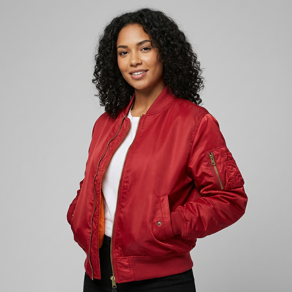 Women's Bomber Jacket with Ribbed Trims and Utility Pocket - 2
