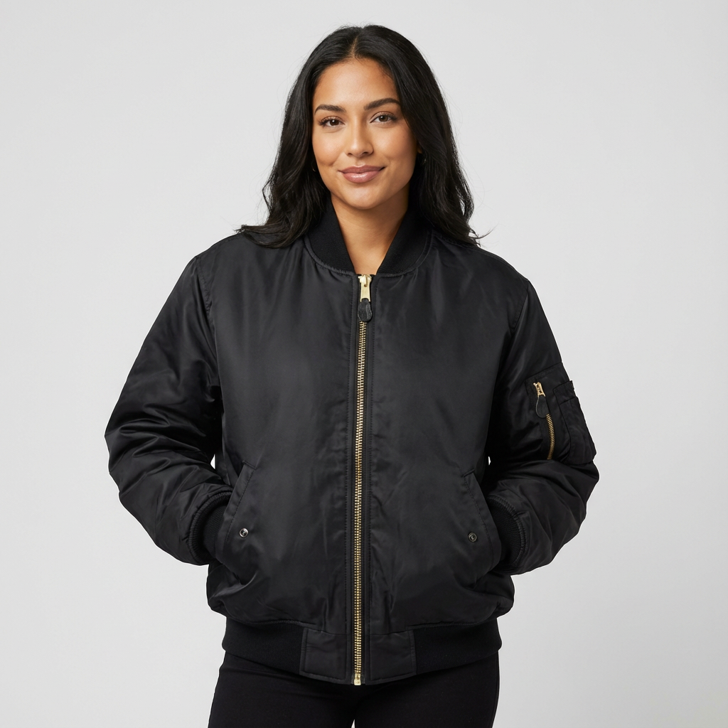 Women's Bomber Jacket with Ribbed Trims and Utility Pocket - 10