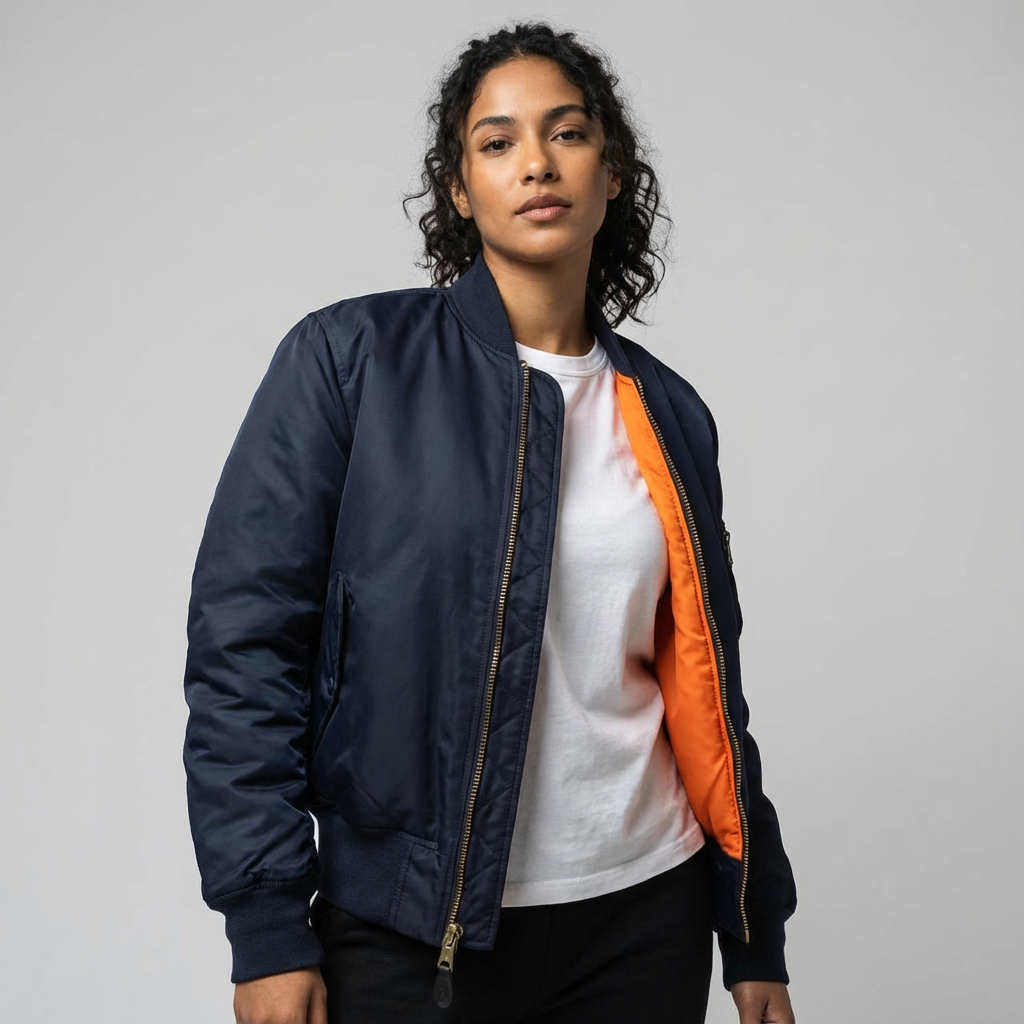 Women's Bomber Jacket with Ribbed Trims and Utility Pocket - 19
