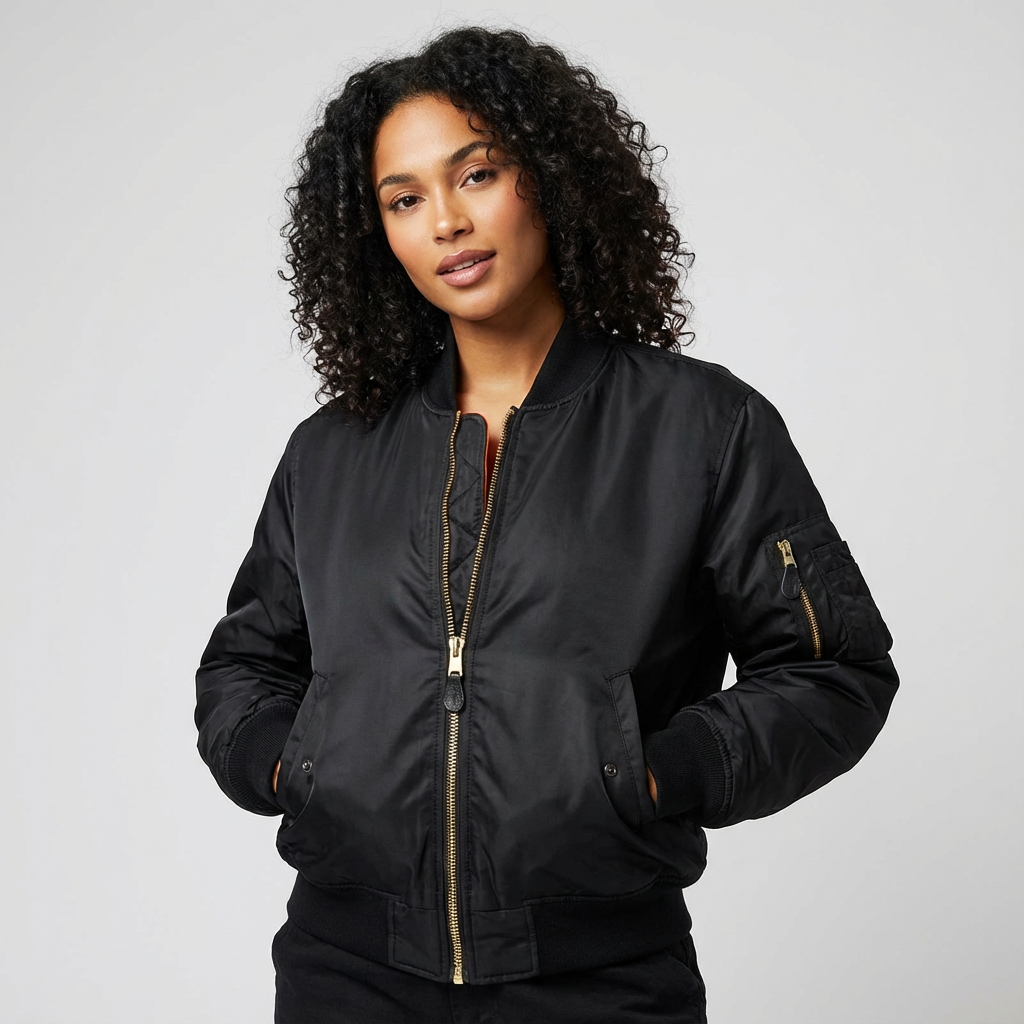 Women's Bomber Jacket with Ribbed Trims and Utility Pocket - 4