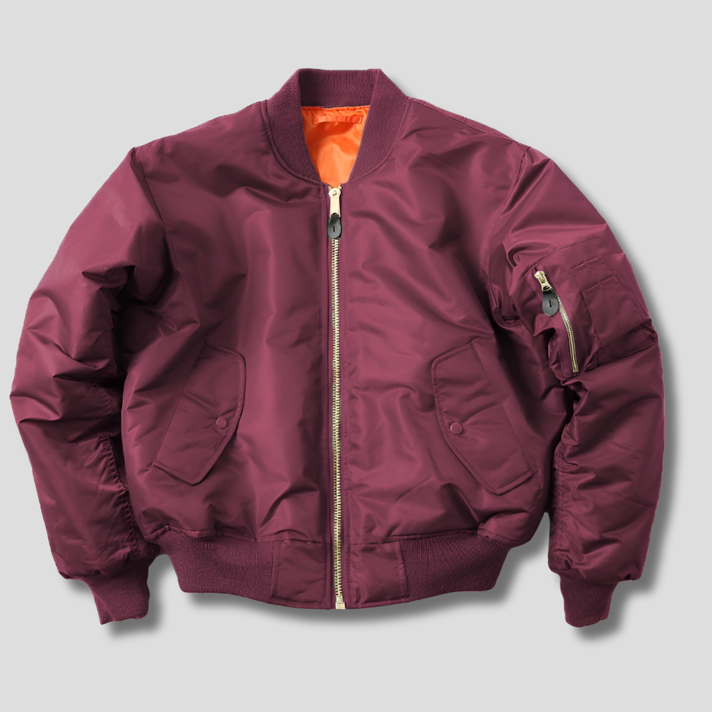 Unisex Bomber Jacket with Ribbed Trims and Zip Front - Burgundy