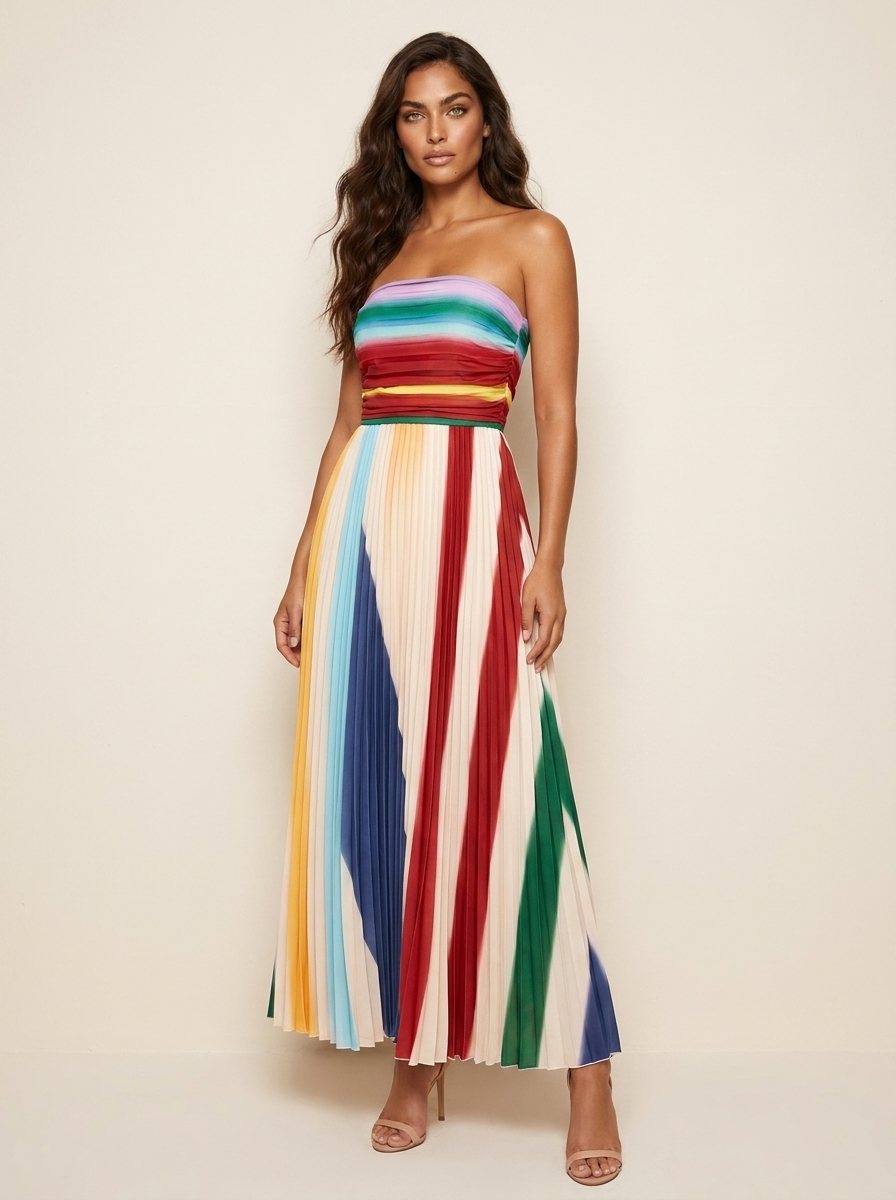 Women's Strapless Maxi Dress with Pleated Skirt and Ruched Bodice - 2