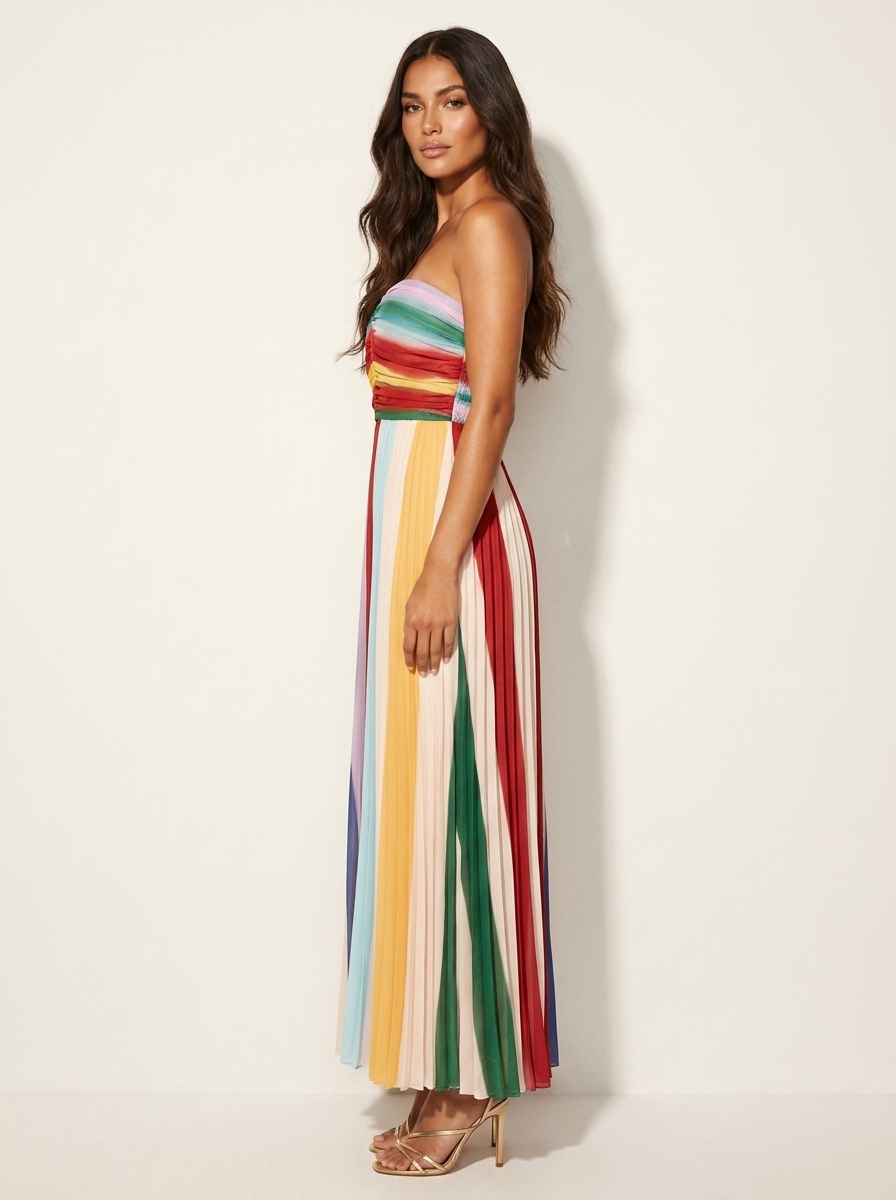 Women's Strapless Maxi Dress with Pleated Skirt and Ruched Bodice - 3