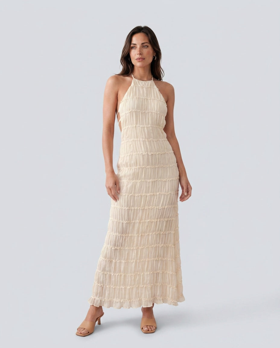 Women's Halter Maxi Dress with Pleated Detail and A-Line Silhouette - Beige