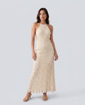 Women's Halter Maxi Dress with Pleated Detail and A-Line Silhouette - Beige