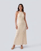 Women's Halter Maxi Dress with Pleated Detail and A-Line Silhouette - Beige