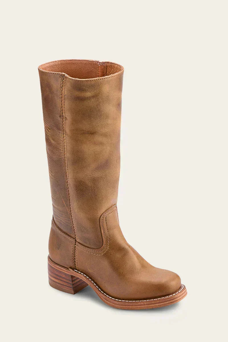 Women's Western Boots with High Shaft and Stacked Heel - Light Brown