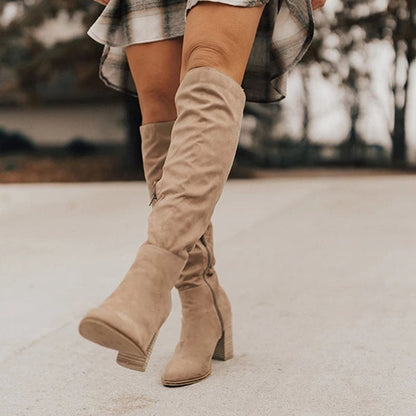 Women's Knee-High Boots with Block Heel and Side Zip - Beige