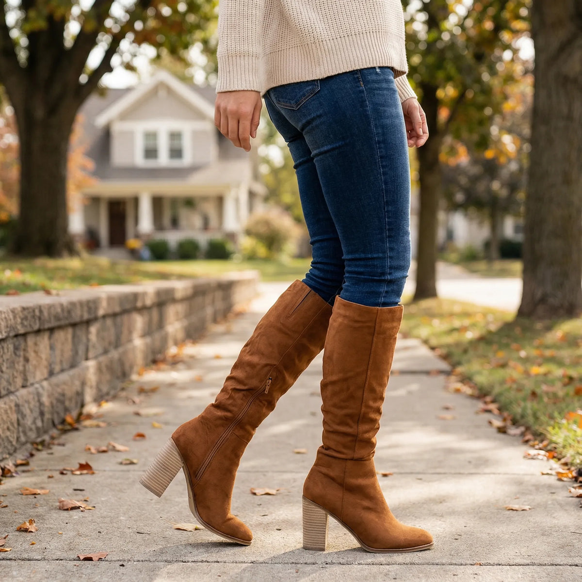 Women's Knee-High Boots with Block Heel and Side Zip