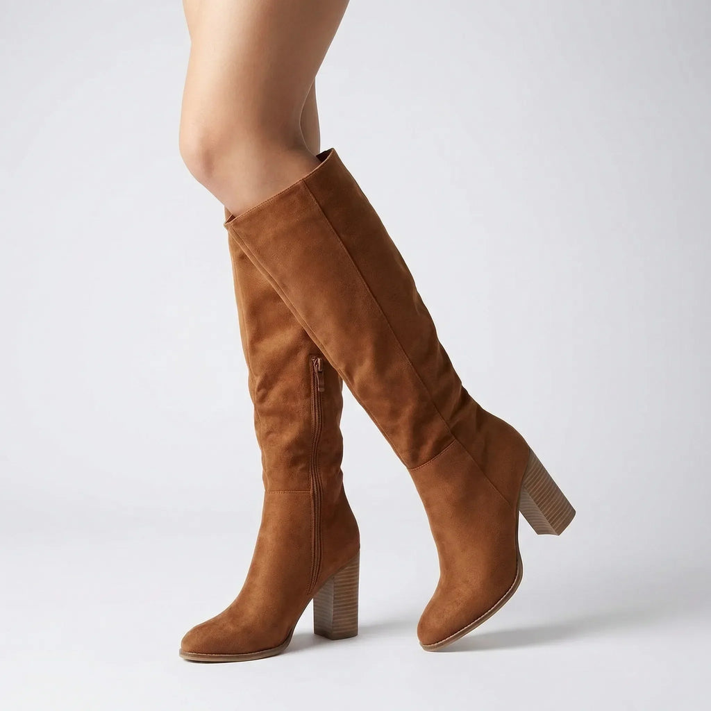 Women's Knee-High Boots with Block Heel and Side Zip - 5