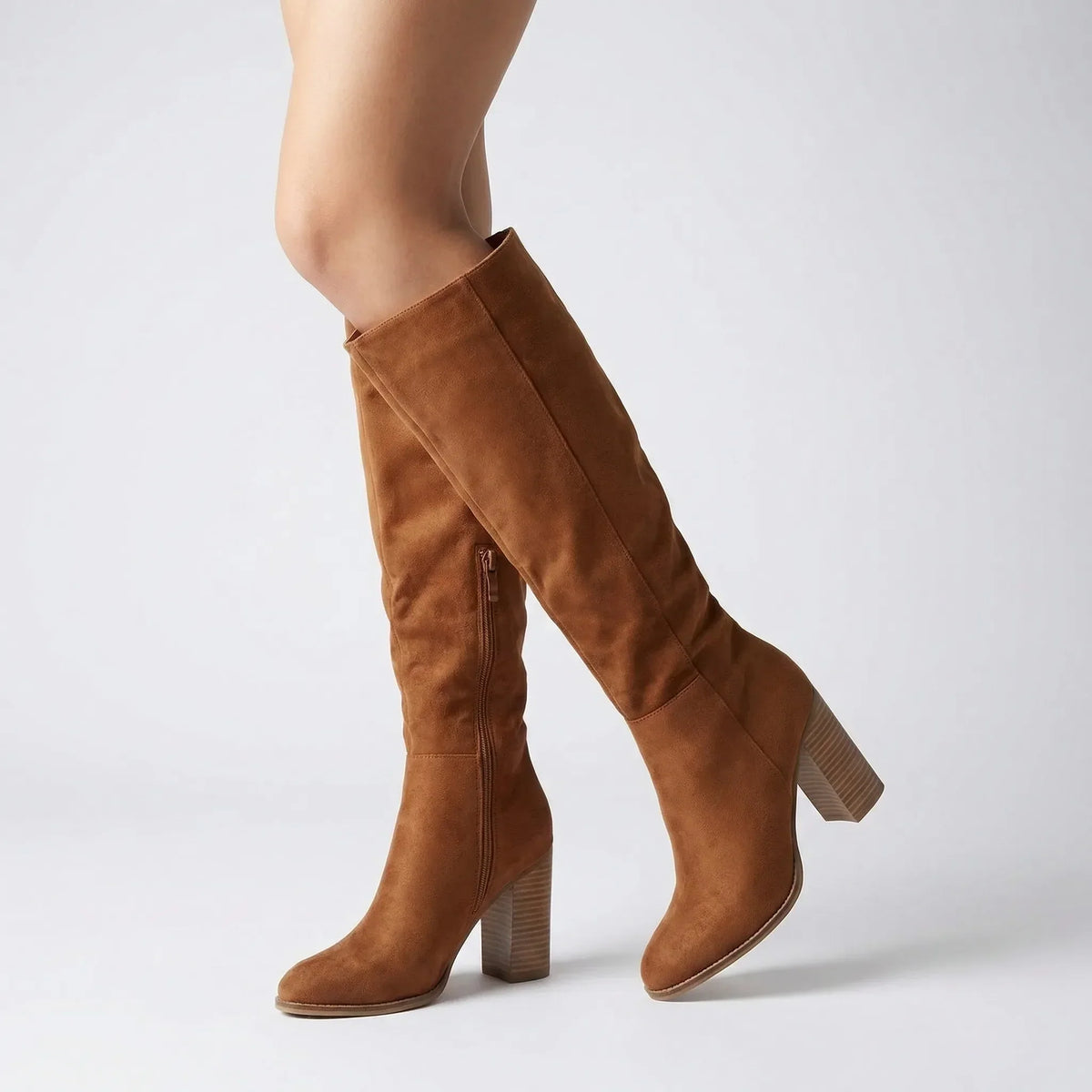 Women's Knee-High Boots with Block Heel and Side Zip - 5