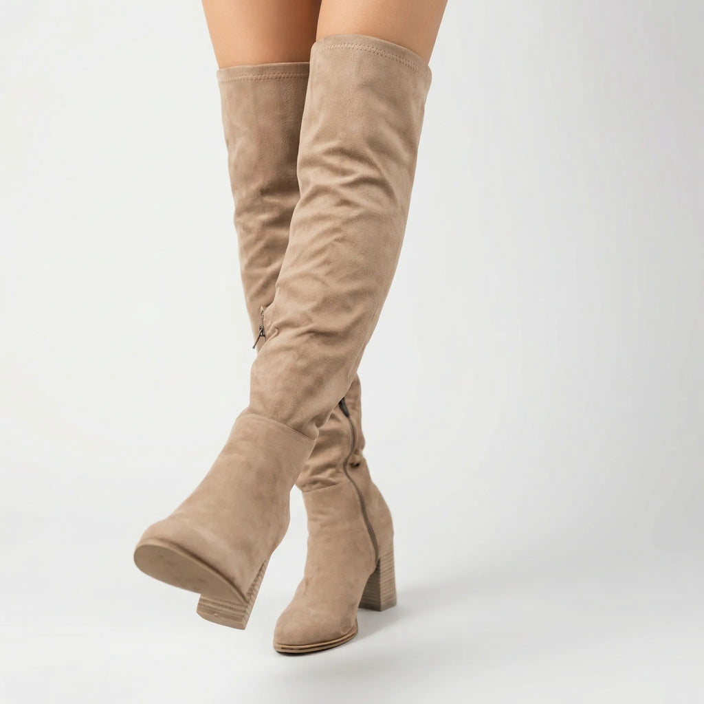 Women's Knee-High Boots with Block Heel and Side Zip - Beige