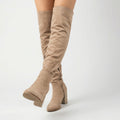 Women's Knee-High Boots with Block Heel and Side Zip - Beige