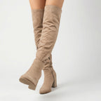 Women's Knee-High Boots with Block Heel and Side Zip - Beige